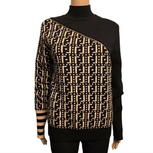 Geo Patterned Black and Cream Mock Neck  Sweater Slim Fit Size L